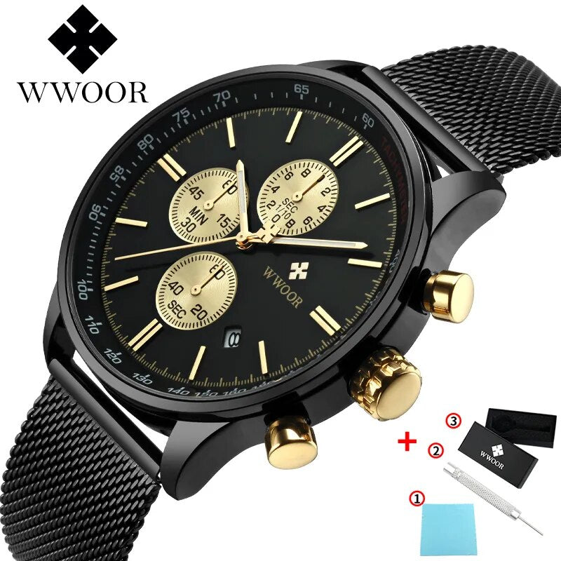 WWOOR Full Steel Fashion Quartz Watches Mens 2022 Top Luxury Multifunction Sport Business Male Wristwatch Waterproof Chronograph